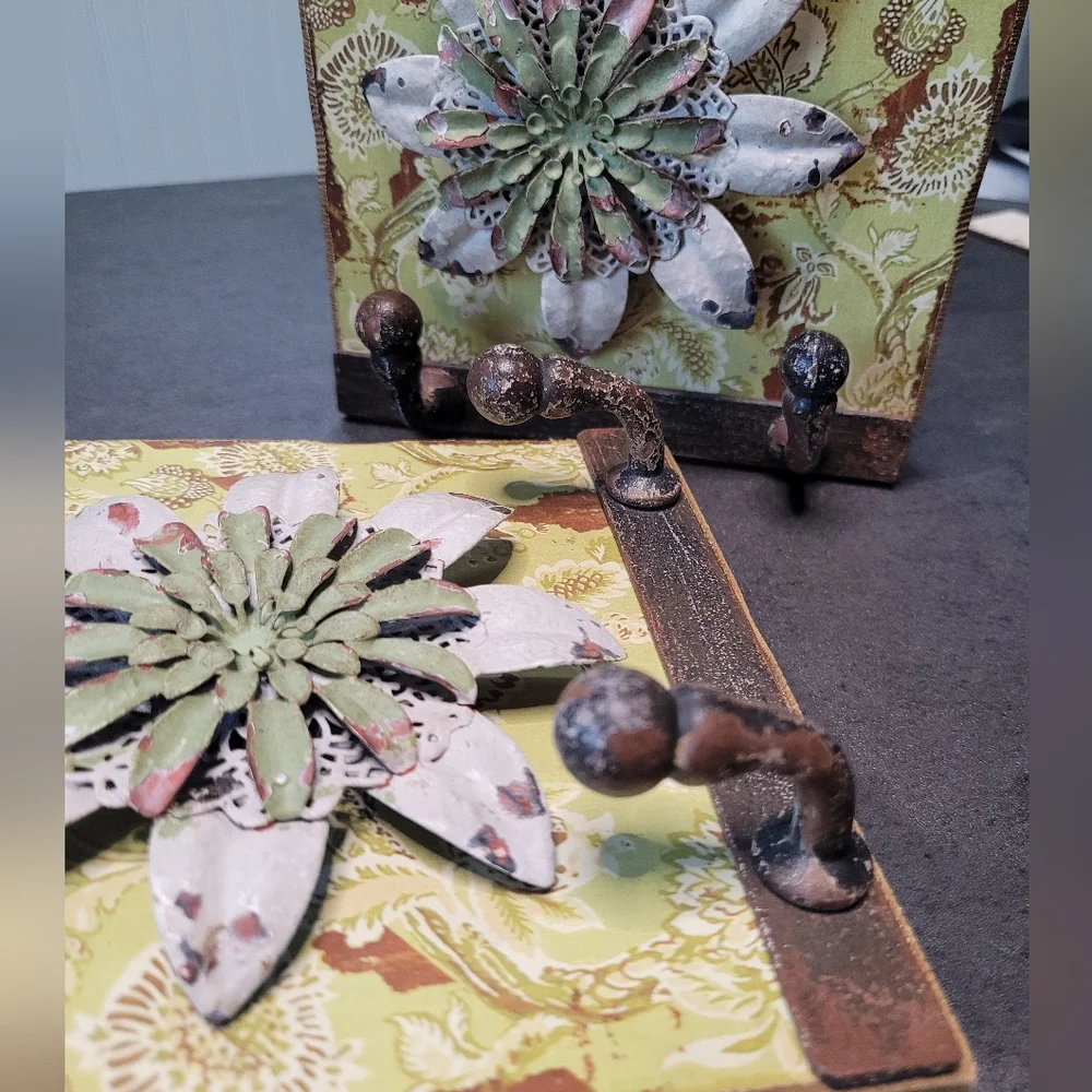 Distressed Wood & Metal Flower Wall Plaques w/ Hooks Set of 2